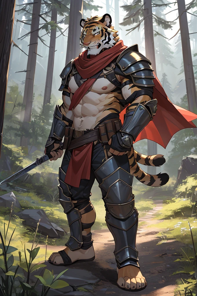 Tiger,Young Adults,Strong,handsome,warrior,Sexy body,Golden fur,Huge penis,Exposed genitals,毛茸茸的Tiger爪,Extremely revealing clothing(Scapula,Armor knee pads,Crotch bulge,The genitals are extremely prominent,Red torn shawl,Bare chest and abdomen,Bare thighs,barefoot),expression(vigilante,Gnashing of teeth),action(Standing,vigilante),Alone,angry,Challenge the camera character to a duel,environment(Clearing in open forest,There are sparse low weeds around,There are pine trees in the distance)
