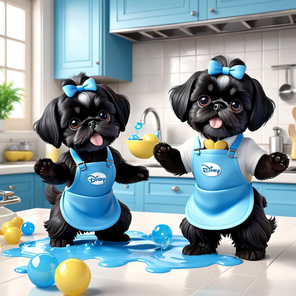 2 Adorable small black Shih Tzu puppies wearing blue collars and aprons playing, soap and bubbles, making a mess in Disney kitchen 3d cartoon, 3d render, disney pixar style