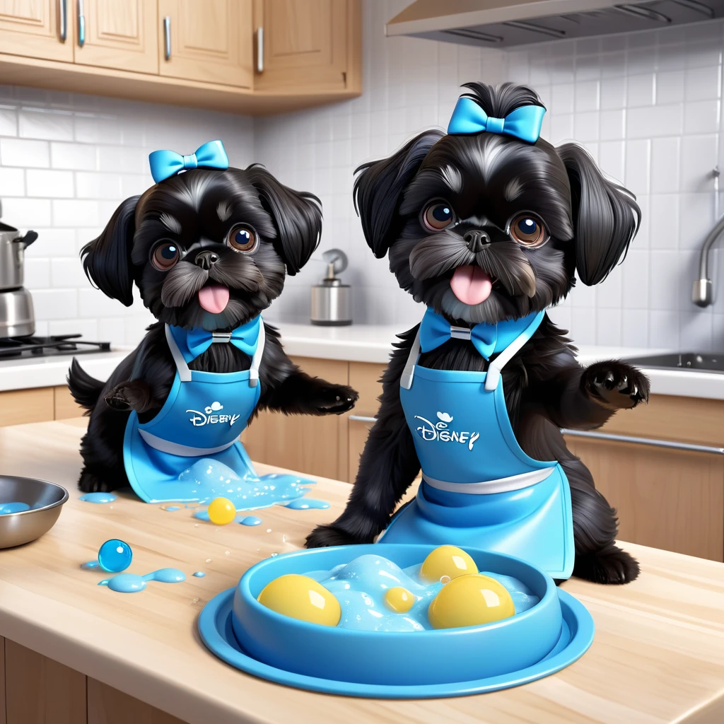 2 Adorable small black Shih Tzu puppies wearing blue collars and aprons playing, soap and bubbles, making a mess in Disney kitchen 3d cartoon, 3d render, disney pixar style