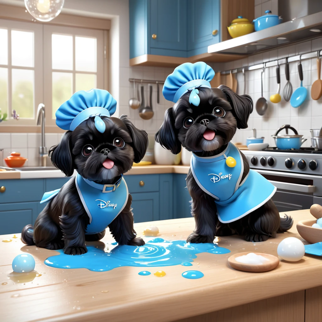 2 Adorable small black Shih Tzu puppies wearing blue collars and aprons playing, soap and bubbles, making a mess in Disney kitchen 3d cartoon, 3d render, disney pixar style