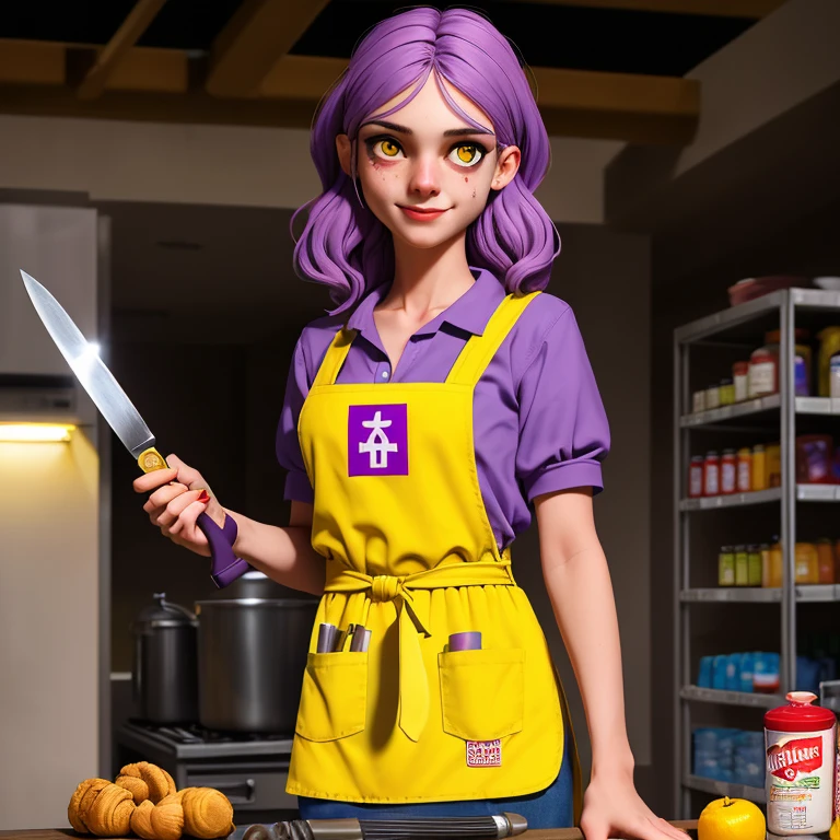 (masterpiece:1.3) 1girl, , (female serial killer:1.5) (skinny with an ugly face:1.3) working at Walmart, wearing an apron with topless under the apron, wide eyes, blood stains on clothes, short khaki shorts, big evil smile, (holding a knife:1.3), horror Walmart  background, florescent grocery store lighting, deep shadows , extreme details, , complimentary lighting colors, deep skin, , brightly colored composition, "constricted pupils, small pupils, yellow glowing eyes", Slender Girl, OL, JK, purple bags_under_eyes, (
downblouse, BarbaraEvenot, Bags under eyes