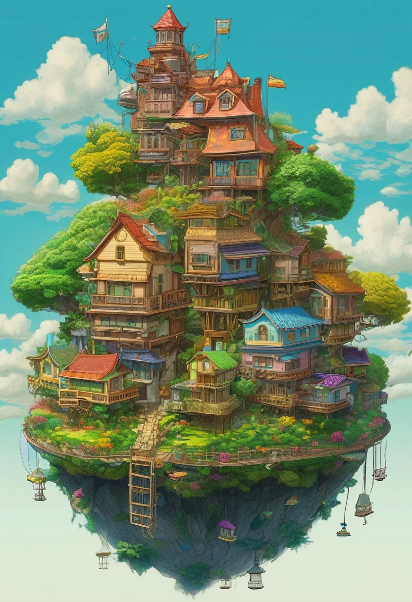Ghibli-style stacked houses on a floating island, Intricate details, Written by Laurie Lipton, Concept Art,Colorful, expensive_resolution,3d style,3d