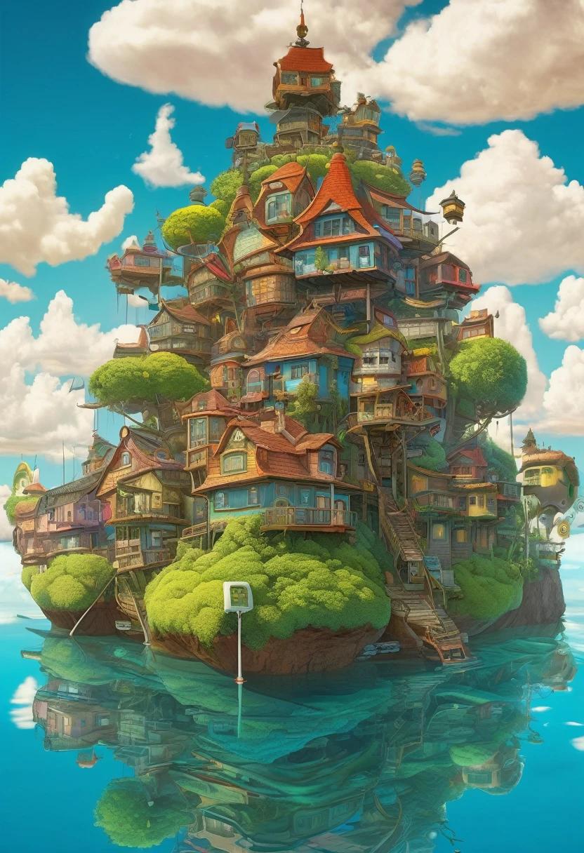 Ghibli-style stacked houses on a floating island, Intricate details, Written by Laurie Lipton, Concept Art,Colorful, expensive_resolution,3d style,3d