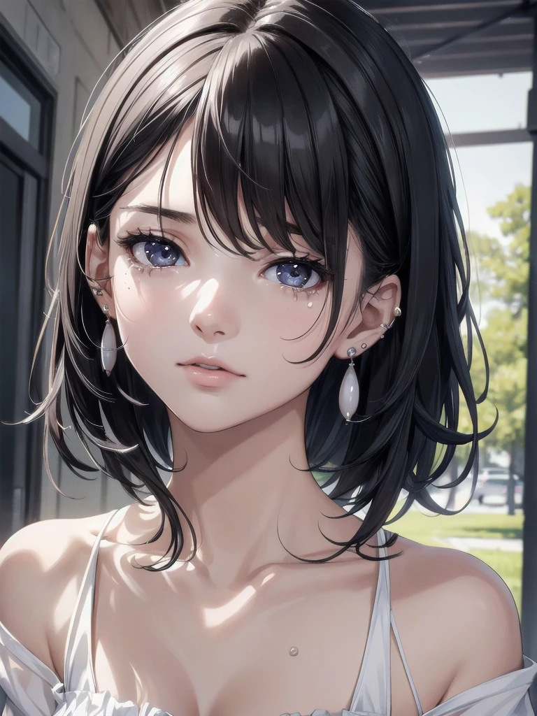 absurdres, RAW photo, extremely delicate and beautiful, masterpiece, Best Quality, ultra high resolution, 32k, hyperrealistic, ultra-detailed, in her 20s, delicate facial features, tearful mole, earring, medium breasts, full body shot, shorter middle hair, black hair, summer school_uniform,