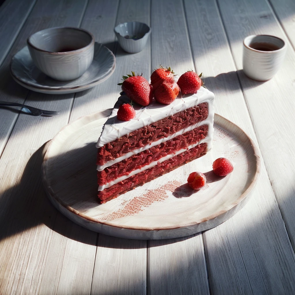 (very sharp result) (((textile shading))), (((Best Quality))), hyper realistic detailed food photography, (texture detailed exposed) ultra high definition (masterpiece 1.2) A tantalizing slice of red velvet cake with strawberries on top, resting on a white plate with a red circle. clean modern minimalistic background, natural white wood table, clean table dramatic shadow & light, shoot by hasselblad, medium lens format.