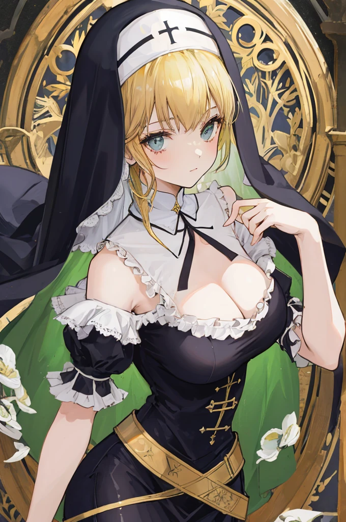 A woman ，Gorgeous，Victorian style，clavicle，Prominent and smooth underbreast area，Fallen Saint，Nun&#39;s Clothes，Intricate details，Beautifully，pubic，