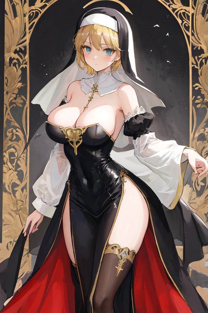 A woman ，Gorgeous，Victorian style，clavicle，Prominent and smooth underbreast area，Fallen Saint，Nun&#39;s Clothes，Intricate details，Beautifully，pubic，