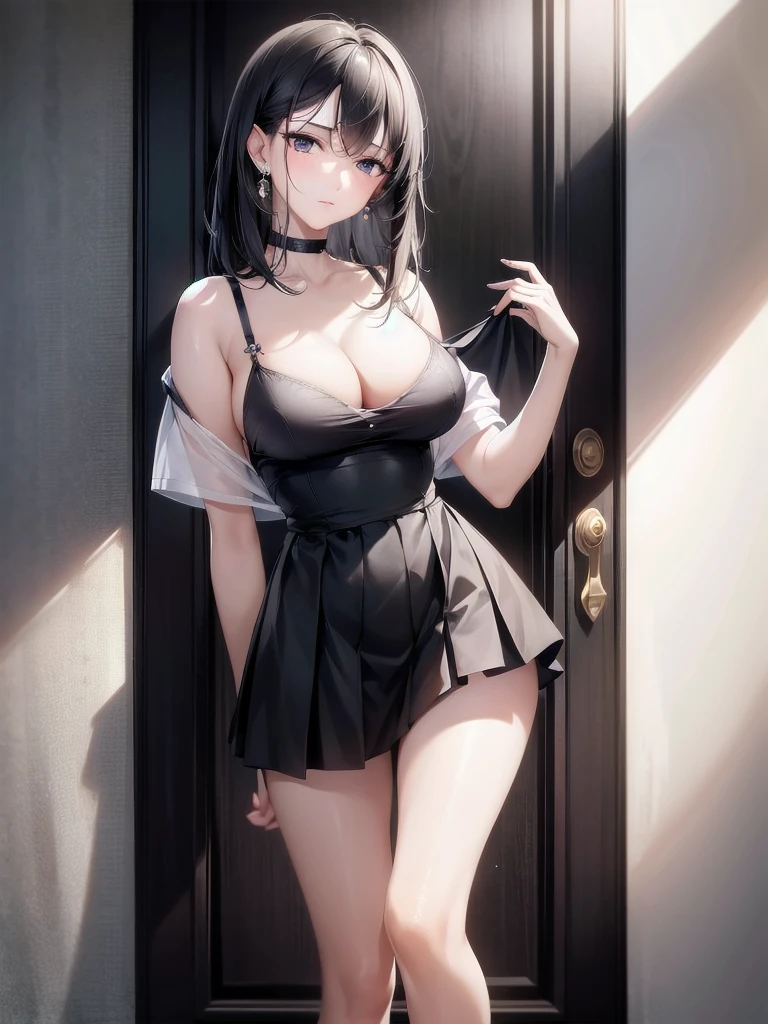 absurdres, RAW photo, extremely delicate and beautiful, masterpiece, Best Quality, ultra high resolution, 32k, hyperrealistic, ultra-detailed, in her 20s, delicate facial features, tearful mole, earring, medium breasts, full body shot, shorter middle hair, black hair, summer school_uniform,