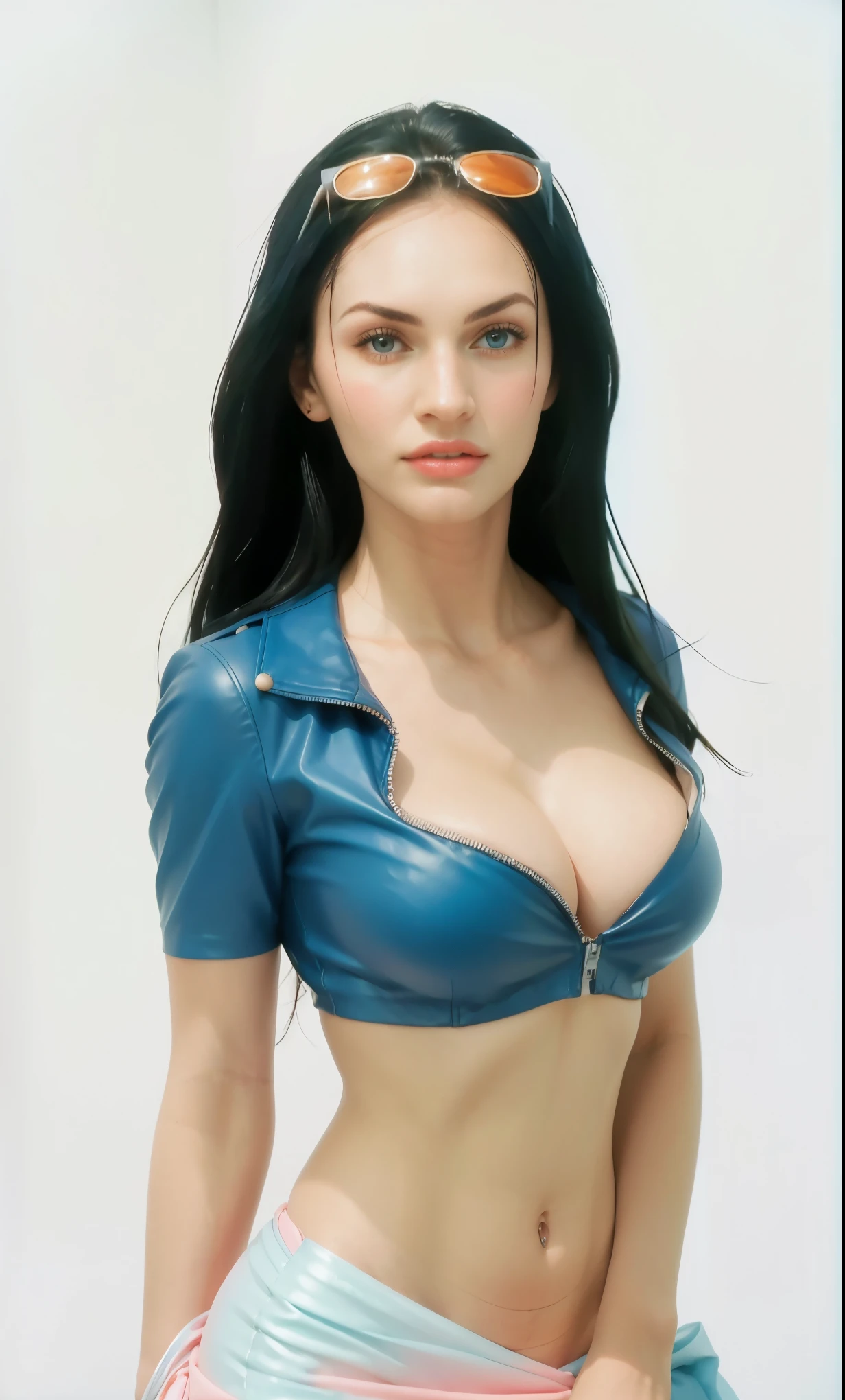 Woman in dark blue leather jacket posing on a white wall, seductive lady, very seductive pose, scantily clad, beautiful figure, Nico Robin, standing, slim pink sarong, stunning attractive figure, beautiful photo of sexy woman, looking seductively in front, black hair, Nico robin from One Piece, 18 years old, big breasts, Beautiful white girl,nico robin, IG model, natural beauty, hair back, standing on the floor, 18 years old, perfect skin, beautiful young girl, 1 girl, long hair, black hair, unique, sky blue eyes, 18 years old, white skin, natural makeup, big chest, chest perfect, big breasts, Nico robin from One Piece, seductive, dark blue leather jacket and pink sarong, perfect, seductive, looking at the camera, happy, lovely, really big breasts, big tits, big breast, perfect eyes, ultra realistic 8K CG, masterpiece, ((white background, delicate pattern, intricate details)), (highly detailed, fine details), best quality, 1 girl, big breasts ), 18 years old, white skin, feminine, charming, hair back, perfect body, standing on the floor, A close-up of a woman wearing a blue leather jacket, pink sarong, hair back, Beautiful figure, very seductive pose, sexy, sweet girl, pink sarong, white skin, Nicorobin, perfect eyes, very white skin, in front of a white wall, too white girl, very white girl, ultra high quality, 16 year old girl, wearing blue jacket, sky blue eyes, small nose, big breast, natural makeup, beautiful eyes, very white skin, beautiful and perfect eyes, megan fox, natural ilumination, too white skin, (close-up, editorial photograph of a 18 year old woman), (highly detailed face:1.4) (smile:0.7) (background inside white, moody, private study:1.3) POV, by lee jeffries, nikon d850, film stock photograph ,4 kodak portra 400 ,camera f1.6 lens ,rich colors, hyper realistic ,lifelike texture, natural lighting , cinestill 800, hair back, sun glasses above the head, natural makeup , too white skin, nico robin, lovely, femenine, happy