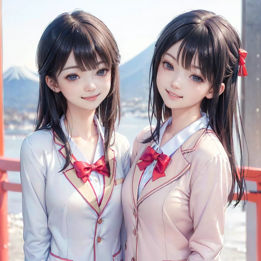 ((8K, RAW Photos, Highest quality, masterpiece), High-resolution RAW color photos、
Professional close-up photography, (Realistic, Photorealism: 1.37),
(Highest quality), (Best Shadow), (Best illustrations),(Facing forward:1.3)
best quality, masterpiece,
New Year,
Three Japanese high-school cute girls, looking straight,
(gently smiling:1.5),
(Japanese-high-school-blazer-uniform:1.5),
Reddish bow tie, with a school bag,
((too much smile)), very cute, face, head and waist fully visible, (soft eyes:1.2)
upper arms hidden by clothes and hair,(innocent and pure high-school-girls:1.5)
,(The image shows only the upper body:1.7),
(separately side by side:1.4),
(The image shows only the upper body:1.7),
shrine background,(mount Fuji:1.3),
winter(season),(outdoors:1.5)