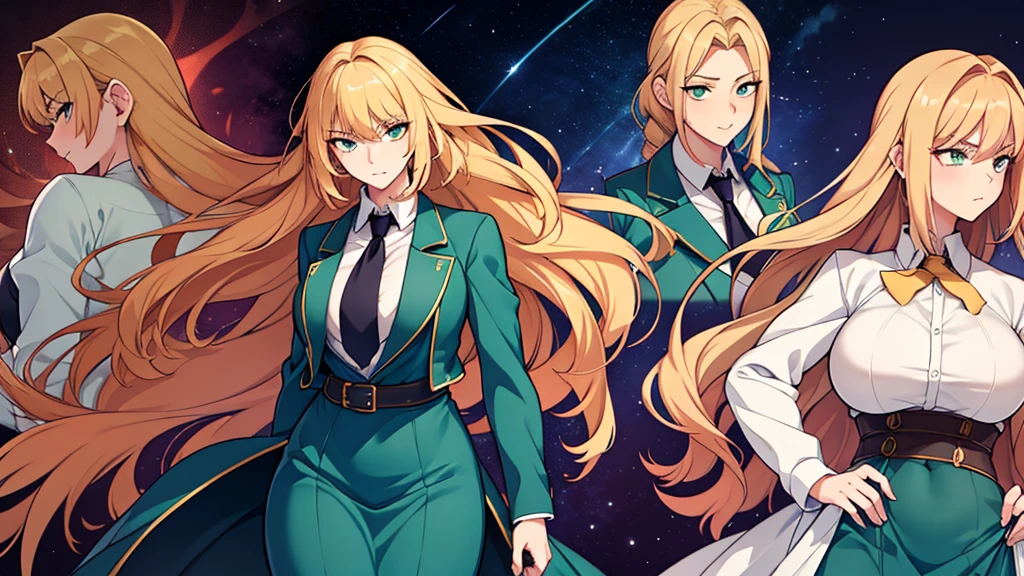 Create an anime-style illustration of a tall blonde woman, 30 years old, with long golden hair styled in large curls. She has green eyes and wears an elegant blue suit, reflecting her role as a school director with seductive and imposing style. Capture her intimidating gaze and arrogant yet impressive attitude. Her form-fitting dress enhances her impact, emphasizing her attractive and confident presence. Highlight her stunning beauty with unwavering facial features, even when furrowing her brow in annoyance."






