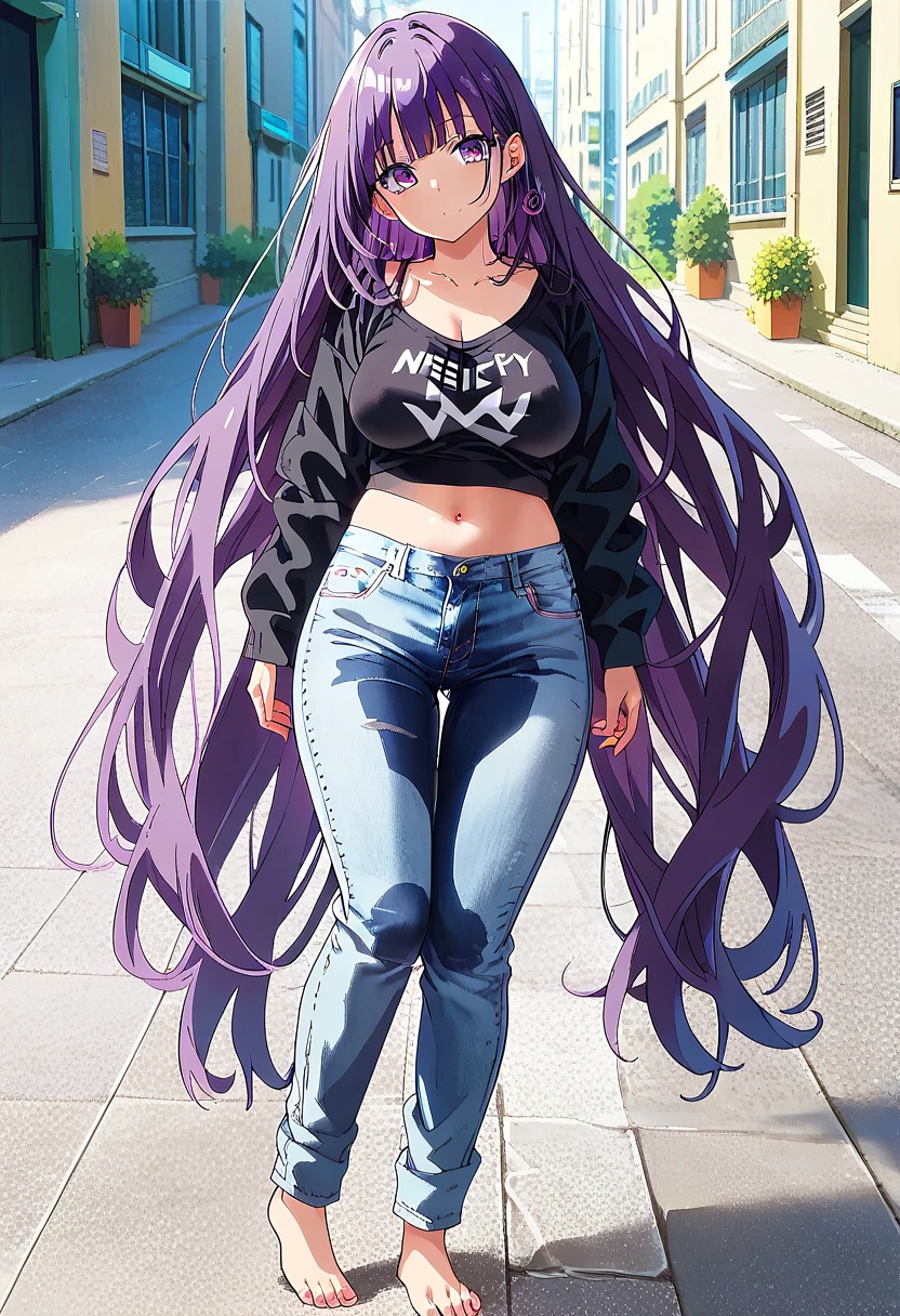 (masterpiece:1.37), best quality, (extremely detailed:1.37) woman, (adult:1.5), (very long hair:1.5), dark purple hair, purple eyes, (extremely detailed eyes:1.37), large breasts, crop top, cleavage, navel, (tight jeans:1.5), (wetting:2.0), standing straight, full body day, daytime, glow, facing viewer, perfect composition, full body, city, street, anime style