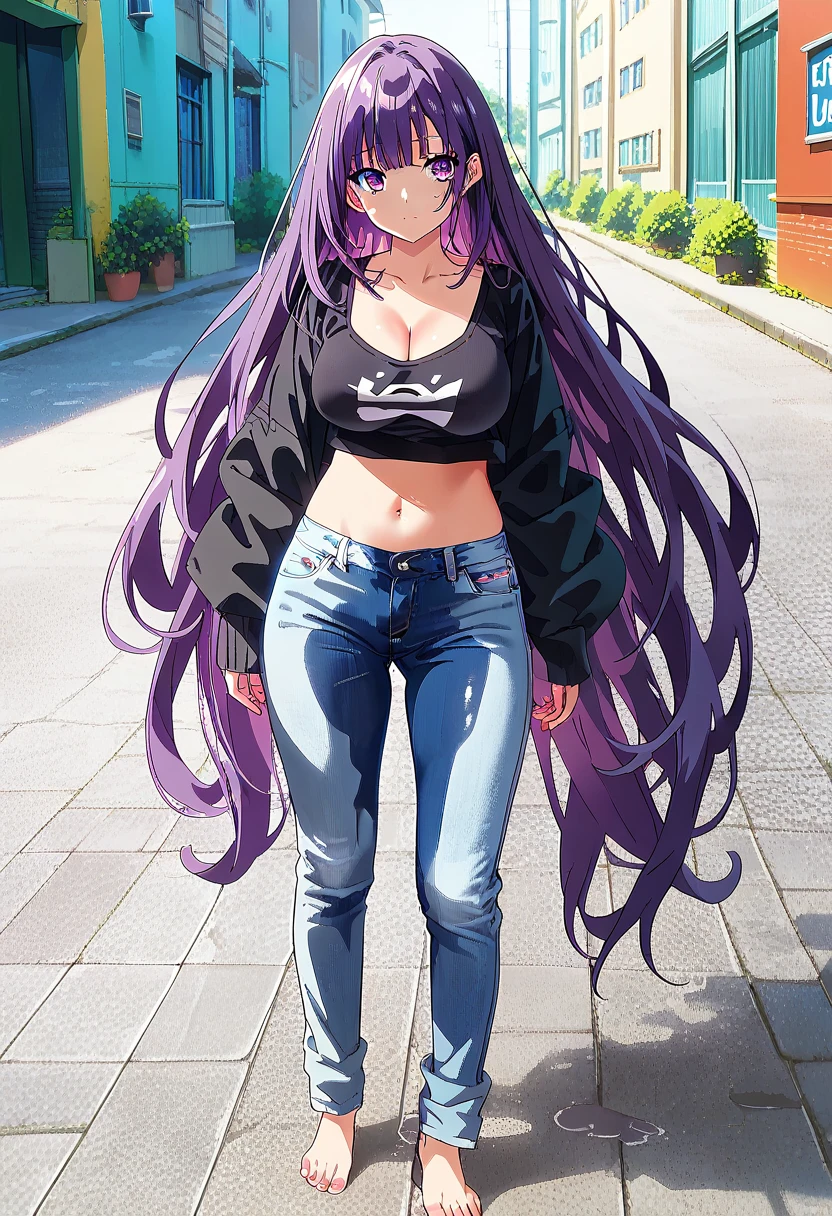 (masterpiece:1.37), best quality, (extremely detailed:1.37) woman, (adult:1.5), (very long hair:1.5), dark purple hair, purple eyes, (extremely detailed eyes:1.37), large breasts, crop top, cleavage, navel, (tight jeans:1.5), (wetting:2.0), standing straight, full body day, daytime, glow, facing viewer, perfect composition, full body, city, street, anime style