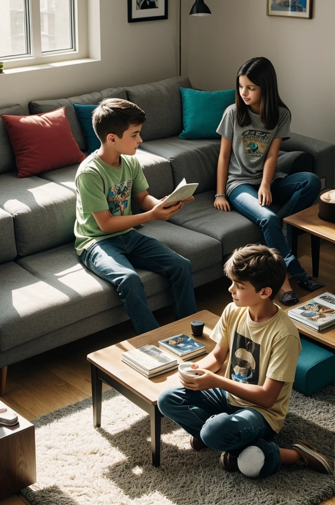 A 10-year-old boy and a 14-year-old girl are talking in a living room. The boy has short brown hair, He wears a blue t-shirt and jeans. The girl has long straight hair, with a green t-shirt and black pants. The living room is decorated with comfortable furniture, like a gray sofa and a coffee table with some books and toys scattered. Light comes in through a nearby window, softly illuminating the scene. cheered up