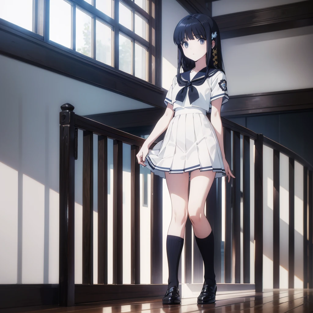 (masterpiece),(best quality),1girl,solo,teen,delicate beautiful face,(fine black hair),long hair,(white sailor suit),short sleeve,(navy blue mini skirt),white panties,bare_legs,standing,[from below],park, (morning),BREAK black socks,black shoes