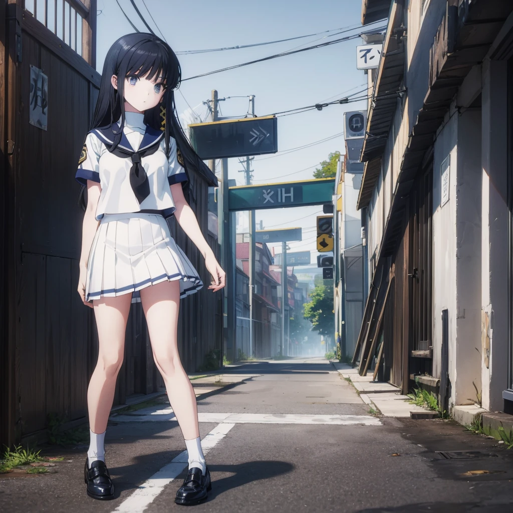 (masterpiece),(best quality),1girl,solo,teen,delicate beautiful face,(fine black hair),long hair,(white sailor suit),short sleeve,(navy blue mini skirt),white panties,bare_legs,standing,[from below],park, (morning),BREAK black socks,black shoes