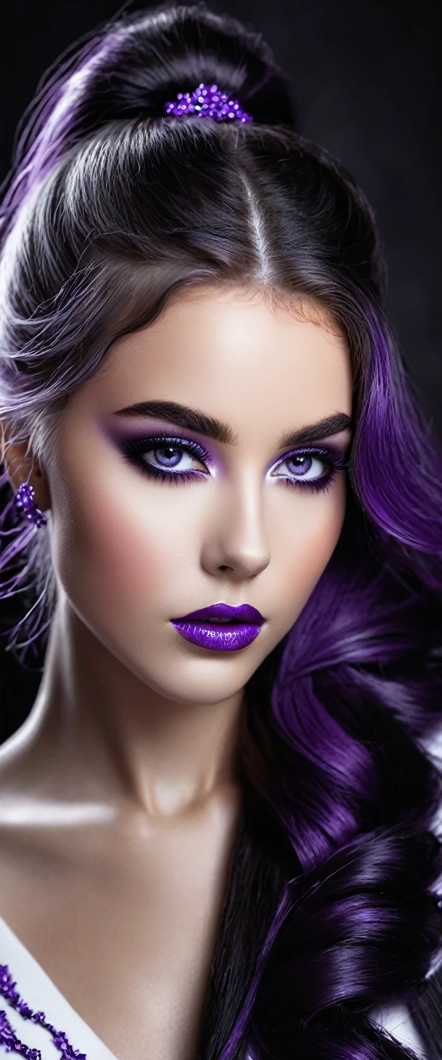 ((Photo noire et violet)), Sublime femme avec deux très longues queues de cheval de chaque côté, Lèvres détaillées, Yeux détaillés, regard intense, cils détaillés, visage détaillé, long cheveux violet, visage de séduction, ((maquillage violet)), photo du milieu du corps, ((porte un costume)),(( Une cravate violette, photo noir et blanc et violet, only black and white and purple photo)), (((photo noir et blanc et violet, only black and white and purple photo, le maquillage et les cheveux, b/w, B&W,long twin ponytails)))