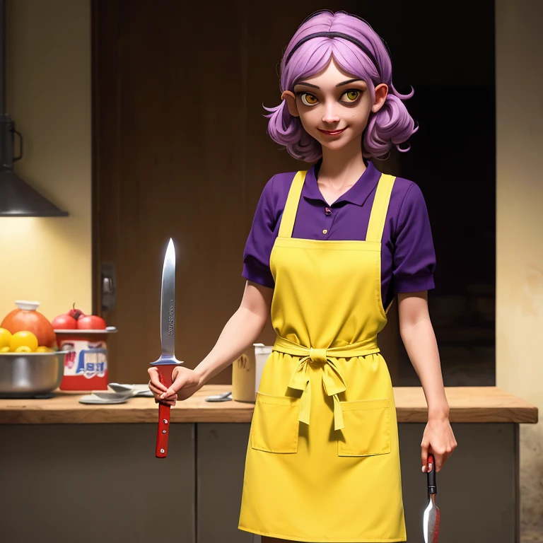 (masterpiece:1.3) 1girl, , (female serial killer:1.5) (skinny with an ugly face:1.3) working at Walmart, wearing an apron with topless under the apron, wide eyes, blood stains on clothes, short khaki shorts, big evil smile, (holding a knife:1.3), horror Walmart  background, florescent grocery store lighting, deep shadows , extreme details, , complimentary lighting colors, deep skin, , brightly colored composition, "constricted pupils, small pupils, yellow glowing eyes", Slender Girl, OL, JK, purple bags_under_eyes, (
downblouse, BarbaraEvenot, Bags under eyes