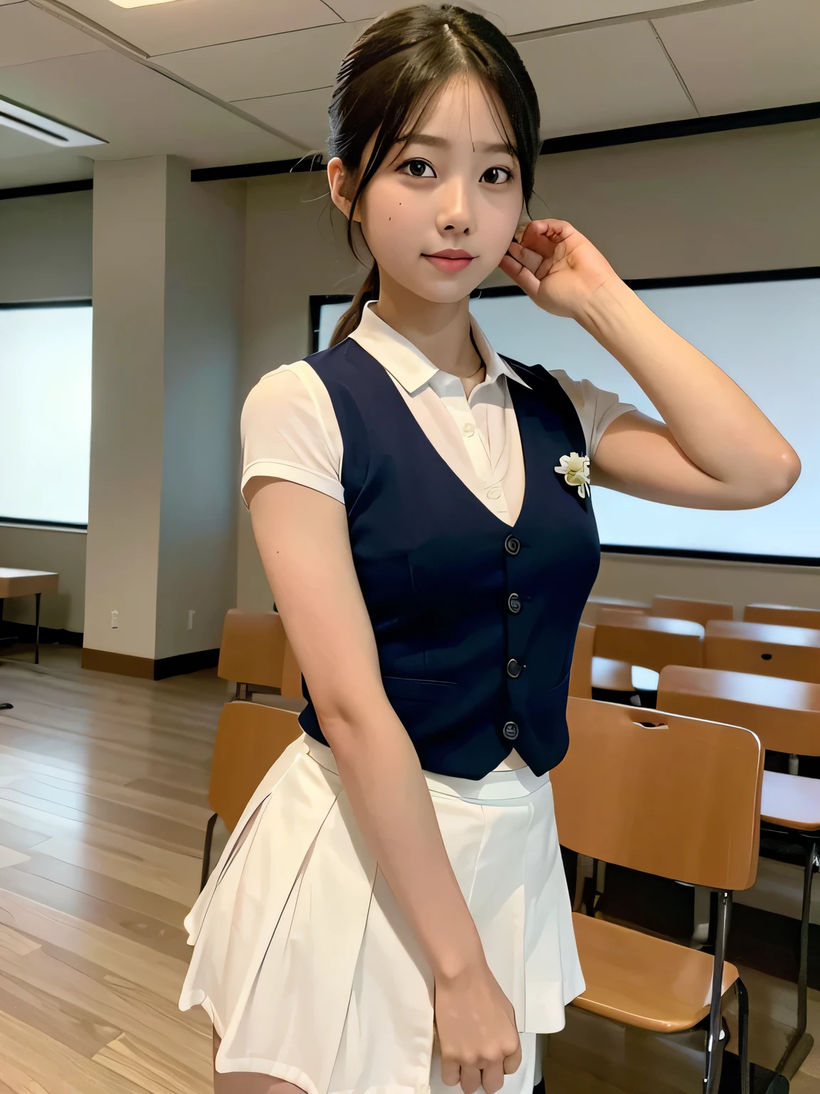 ((top quality vest, 8K, masterpiece: 1.3, RAW Photos)), Sharp focus: 1.2,1. AESPA Girl: 1.1), (alone: 1.18), (Realistic, photo-Realistic:1.37), Face Focus, Cute face, (Small breasts, Flat Chest, thigh: 1.3), Messy short hair, Updo, High school uniform skirt, (Gesturing for him to come over: 1.2), flower, Cinema Lighting, classroom