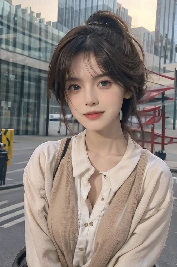 ((best qualityer, 8K, work of art: 1.3)), Spitz: 1.2, Perfect Body Beauty: 1.4, Slim abdomen: 1.2, ((Layered Hairstyle, medium breasts: 1.2)), (humida White Button short Shirt: 1.1), (Raby, Street: 1.2), humida: 1.5, Highly detailed texture of face and skin, detailedeyes, Double eyelids, Side face looking at the camera, Right arm holding the camera, Brazilian woman