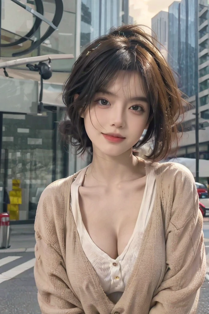 ((best qualityer, 8K, work of art: 1.3)), Spitz: 1.2, Perfect Body Beauty: 1.4, Slim abdomen: 1.2, ((Layered Hairstyle, medium breasts: 1.2)), (humida White Button short Shirt: 1.1), (Raby, Street: 1.2), humida: 1.5, Highly detailed texture of face and skin, detailedeyes, Double eyelids, Side face looking at the camera, Right arm holding the camera, Brazilian woman