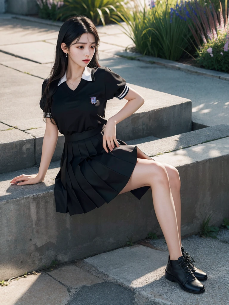 absurdres, RAW photo, extremely delicate and beautiful, masterpiece, Best Quality, ultra high resolution, 32k, hyperrealistic, ultra-detailed, in her 20s, delicate facial features, tearful mole, earring, medium breasts, ((full body shot)), shorter middle hair, black hair, ((summer school_uniform)),