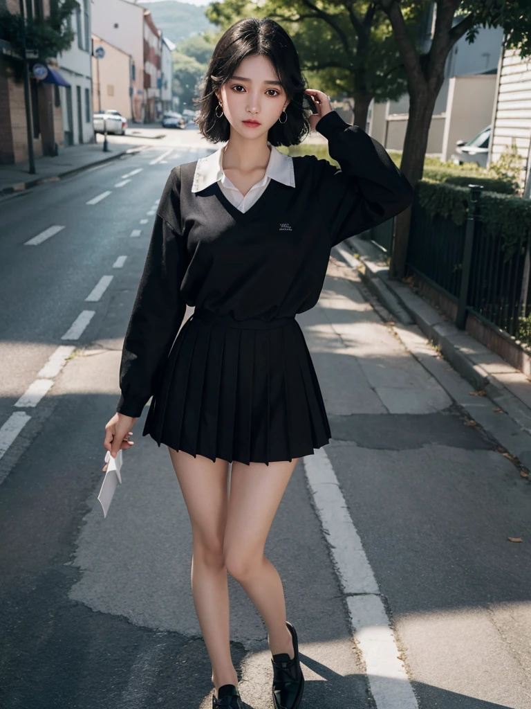 absurdres, RAW photo, extremely delicate and beautiful, masterpiece, Best Quality, ultra high resolution, 32k, hyperrealistic, ultra-detailed, in her 20s, delicate facial features, tearful mole, earring, medium breasts, ((full body shot)), shorter middle hair, black hair, ((summer school_uniform)),