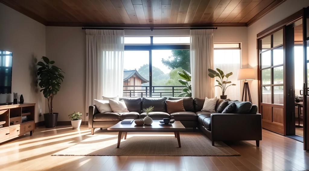 interior design、Insanely detailed wide-angle architectural photo、Cozy contemporary living room、(Bright and warm sunlight 1:0.1)、Award-winning contemporary interior design、landscapes、The table、a chair、in a house、Wooden flooring、window、resturant、east asian east asian architecture、sliding paper doors、abajour、architectural、the woods、naturey、cups、a plant、interior design、Insert lighting and shadows、depth of fields、low illuminance Perspective of a huge cozy living room, The furniture includes a stylish, minimalist sofa (RAW photo:1), (masterpiece), (high quality), best quality, real, (realistic), super detailed, modern, sleek furniture, large window, cozy, marble, full detail, 8k, ultra-high resolution, stunning, inviting, stylish, contemporary, minimalist, tasteful artwork, decorative shelves, high-tech gadgets, subtle lighting fixtures, potted plants, luxurious, comfortable, relaxing, entertaining.