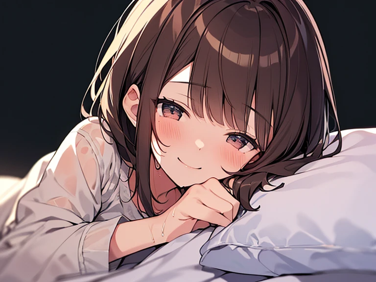 Highest quality, masterpiece, Ultra-high resolution, 8K,Show anime style , Soft Line Art, Digital Enhancement, shojo anime touch, shojo manga core, Flowing fabric, close, Soft Drawing, Ultra-Definition Digital Anime Art, Clear facial depiction, Super detailed girl cartoon character art, Ultra-detailed manga style, Highest qualityの色, １People Women,(A woman with short brown hair), Wet Hair,Beautiful brown hair, Clear brown eyes, Slightly chubby,Small breasts,pajamas,((She is sleeping in bed with the covers on.)),I sleep in the same bed and watch her,Peaceful sleeping face,She wakes up,I call out good morning,((She lay face down in her sleep, her cheek on the pillow, turned her face towards me and smiled fondly.)),Little devil&#39;s smile,(Focus on face),(((1 picture)))
