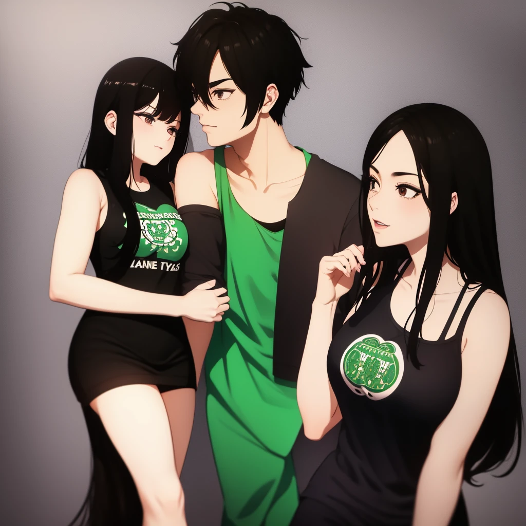 Big breasted woman, and long black hair, with boyfriend with black hair stylish hairstyle couple together with boston celtics shirt