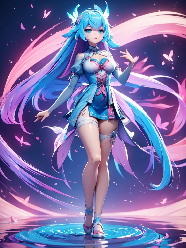 Seizo Watase style, Simple Line Initialism,Abstract art, 3d character, colorful hearts ,(((The most beautiful girl of all time))), (full body 1.2), only girl, long hair, bufferfly and sky background, 25 year old, full body, (((8k))), (((3d)), blue and pink hair, Large butterfly wings on the back, moon, ballet dance, one hand raised above, look drom back