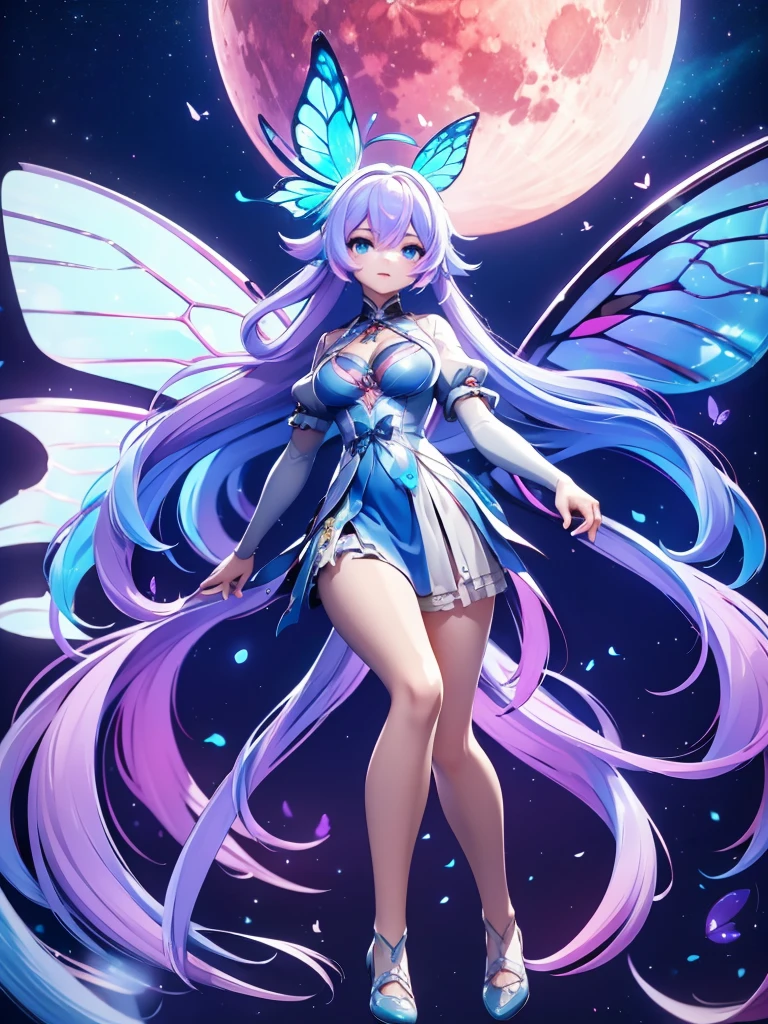 Seizo Watase style, Simple Line Initialism,Abstract art, 3d character ,(((The most beautiful girl of all time))), (full body 1.2), only girl, long hair, bufferfly and sky background, 25 year old, full body, (((8k))), (((3d)), blue and pink hair, Large butterfly wings on the back, moon, perfect eyes detail,