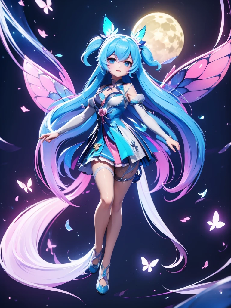 Seizo Watase style, Simple Line Initialism，Abstract art, 3d character ,(((The most beautiful girl of all time))),  (full body 1.2), only girl, long hair, bufferfly and sky background, 25 year old, full body, (((8k))), (((3d)), blue and pink hair, Large butterfly wings on the back,  moon,  perfect eyes detail, 
