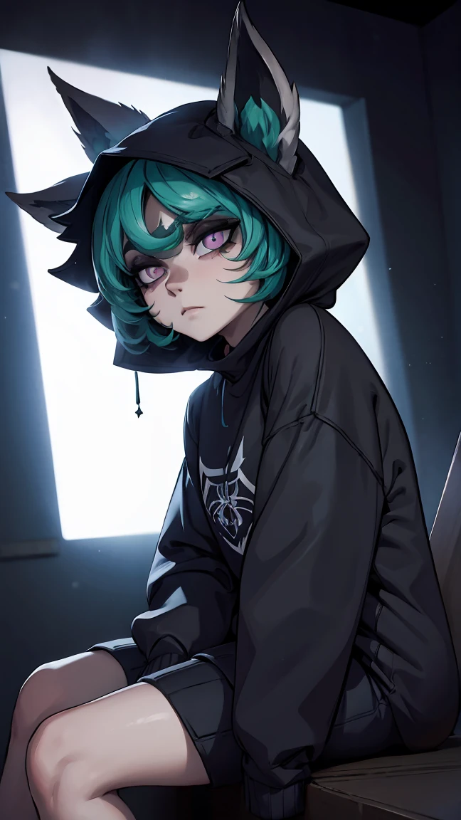 girl, large black sweatshirt, sitting posture, calm look, a dark room, evil eyes, glowing skin, Looking ahead, facial expression