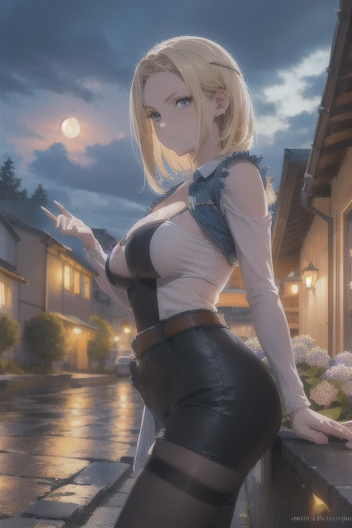 Masterpiece, Best Quality, high quality, extremely detailed CG 8k wallpaper unit, scenery, exterior, Establishment, Medieval Tavern, autumn sky, autumn dusk, Autumn Winter, cloudy sky, big moon shining, award-winning photography, depth of field, HDR, flores, water source, hydrangea, photorealistic, extremely detailed, intricate, high detail, dramatic, art in the middle of the trip, trend on Artstation, trend in CGS society, chromatic aberration. busty