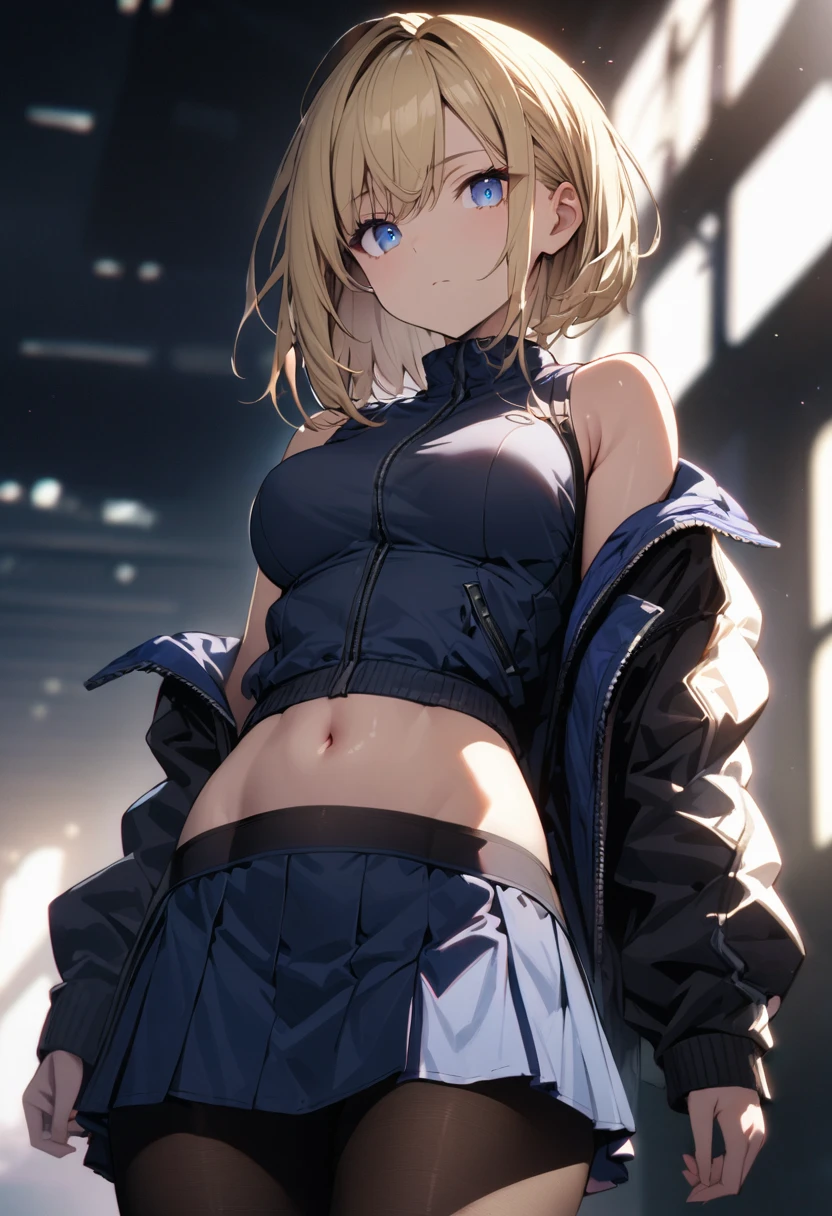 a pretty girl, solo,
blond hair, asymmetrical bob, blue eyes, bright eyes,
breasts,
navel, jacket, (high neck sleeveless), skirt, pantyhose,
expressionless, blurry background,
perfect lighting, (best quality), (extremely detailed)