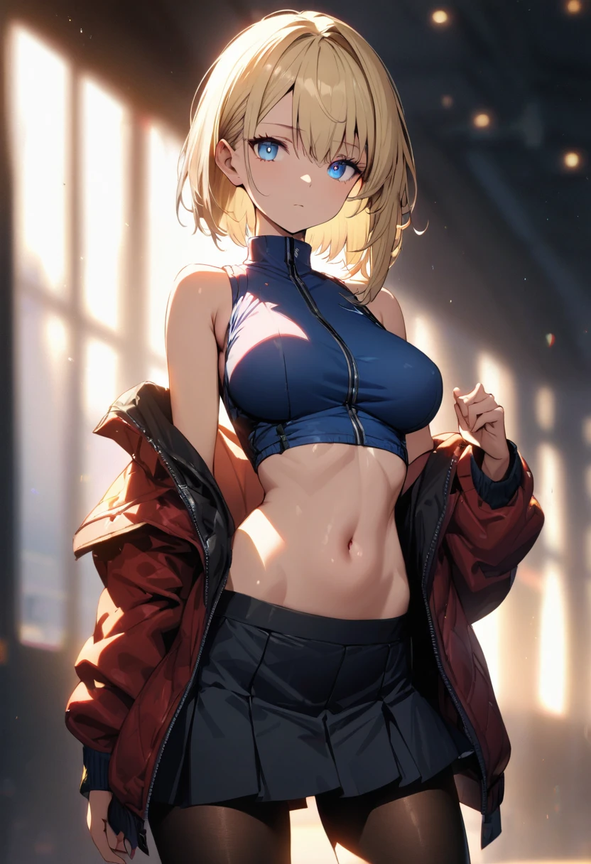a pretty girl, solo,
blond hair, asymmetrical bob, blue eyes, bright eyes,
breasts,
navel, jacket, (high neck sleeveless), skirt, pantyhose,
expressionless, blurry background,
perfect lighting, (best quality), (extremely detailed)