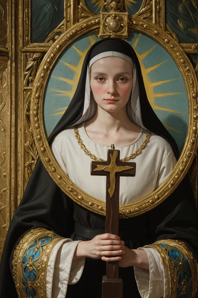 woman pretty, blondea nun holding a cross in her hands, portrait gracious saint, majestic saint woman, by Francisco de Holanda, by Francisco de Zurbarán, nun, portrait of hildegard von bingen, francisco de zurbaran, saint, by Bartolomé Esteban Murillo, by Ferdinand Bol, saint woman, inspired by Cristofano Allori