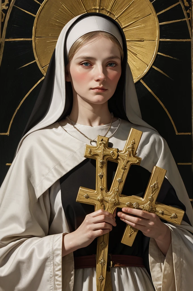 woman pretty, blondea nun holding a cross in her hands, portrait gracious saint, majestic saint woman, by Francisco de Holanda, by Francisco de Zurbarán, nun, portrait of hildegard von bingen, francisco de zurbaran, saint, by Bartolomé Esteban Murillo, by Ferdinand Bol, saint woman, inspired by Cristofano Allori