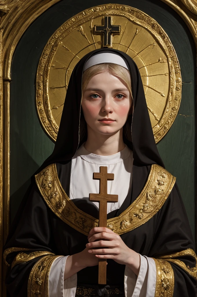 woman pretty, blondea nun holding a cross in her hands, portrait gracious saint, majestic saint woman, by Francisco de Holanda, by Francisco de Zurbarán, nun, portrait of hildegard von bingen, francisco de zurbaran, saint, by Bartolomé Esteban Murillo, by Ferdinand Bol, saint woman, inspired by Cristofano Allori