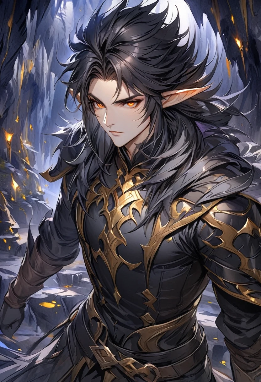 Male drow elf, bright orange gold eyes, fantasy light leather, long straight black hair, pointed elf ears, dark caves in background, black and silver and gold and cobolt theme, dynamic lighting, watercolor art by Anna Razumovskaya