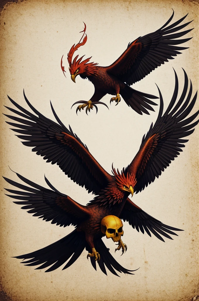 An azuk phoenix flying and clutching a skull