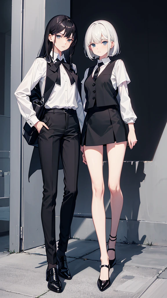 White shirt with an agent medal, black vest, black pants and black shoes. : black t-shirt, black shoes and white shoes two women