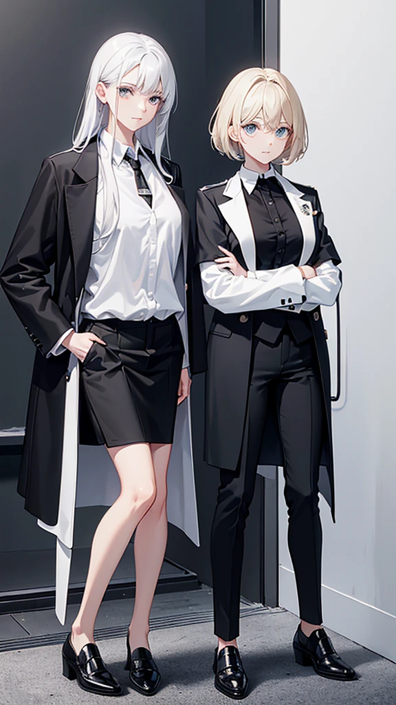 White shirt with an agent medal, black vest, black pants and black shoes. : black t-shirt, black shoes and white shoes two women 