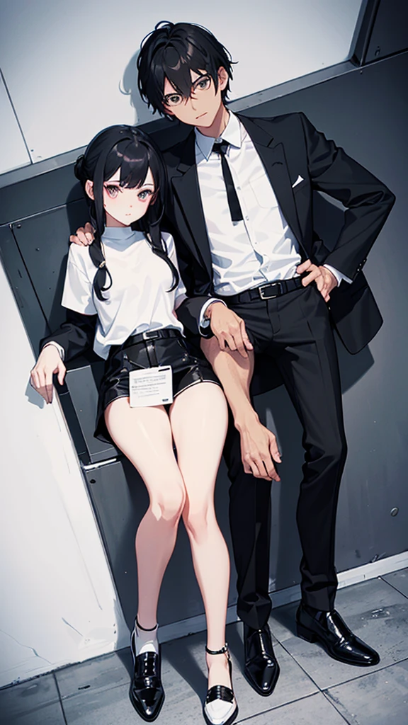 White shirt with an agent medal, black vest, black pants and black shoes. : black t-shirt, black shoes and white shoes two women 