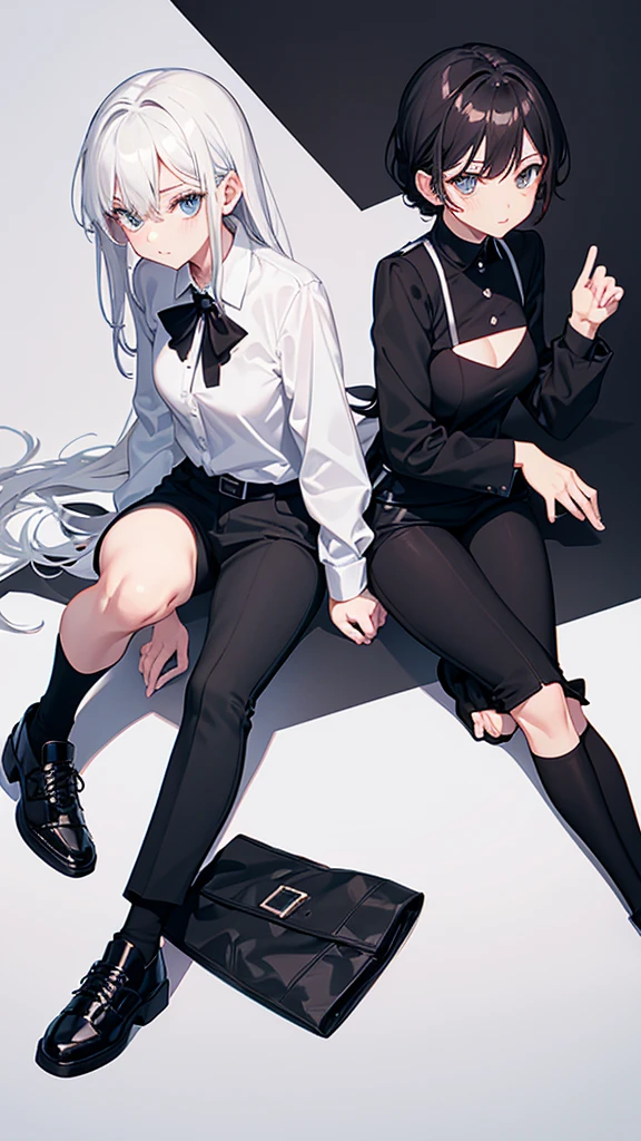 White shirt with an agent medal, black vest, black pants and black shoes. : black t-shirt, black shoes and white shoes two women