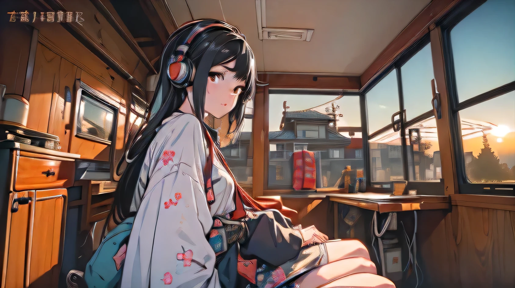 (best quality,official art,beautiful and aesthetic:1.2),(fractal art:1.2),offcial art,colorful,Colorful background,splash of color,movie perspective,advertising style,magazine cover, high resolution,High definition,high quality,Girl playing games,gaming computer,Erogeo Art Style, Arte Roffie, zero vibrations, Hip Hop Lofi,aesthetic, Lo-fi art, Lo-fi illustration style, zero, Portrait of Roffey, vibe zero, zero, Chill Hop, Anime Aesthetics,japanese style,large window,girl wearing headphones,sunset,painted with a rough hand-drawn aesthetic,ukiyoe style,fantasy,Edo Period
