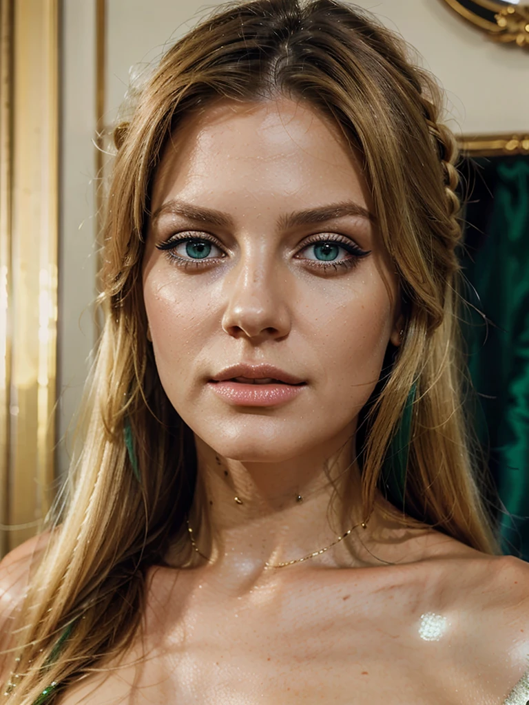 photorealistic face of a european woman, age 45, blond shoulder long hair, green eyes, royal blue eyeshadow, blue eye socket, leather collar, glossy lips, ultra-detailed skin, cinematic material, raw photo, 4k