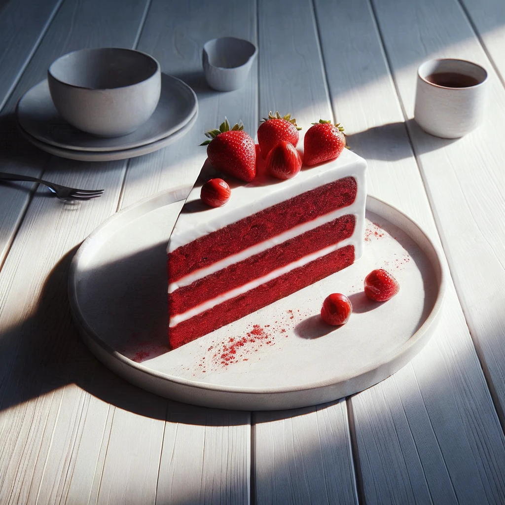 (very sharp result) (((textile shading))), (((Best Quality))), hyper realistic detailed food photography, (texture detailed exposed) ultra high definition (masterpiece 1.2) A tantalizing slice of red velvet cake with strawberries on top, resting on a white plate with a red circle. clean modern minimalistic background, natural white wood table, clean table dramatic shadow & light, shoot by hasselblad, medium lens format.