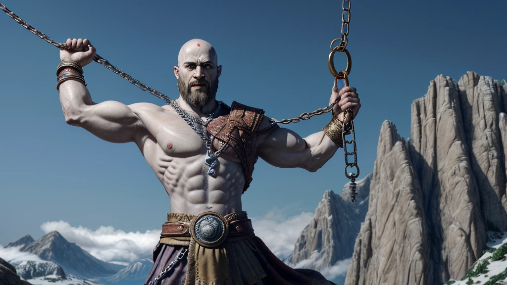 Kratos on Mount Olympus holding the Chains of Olympus